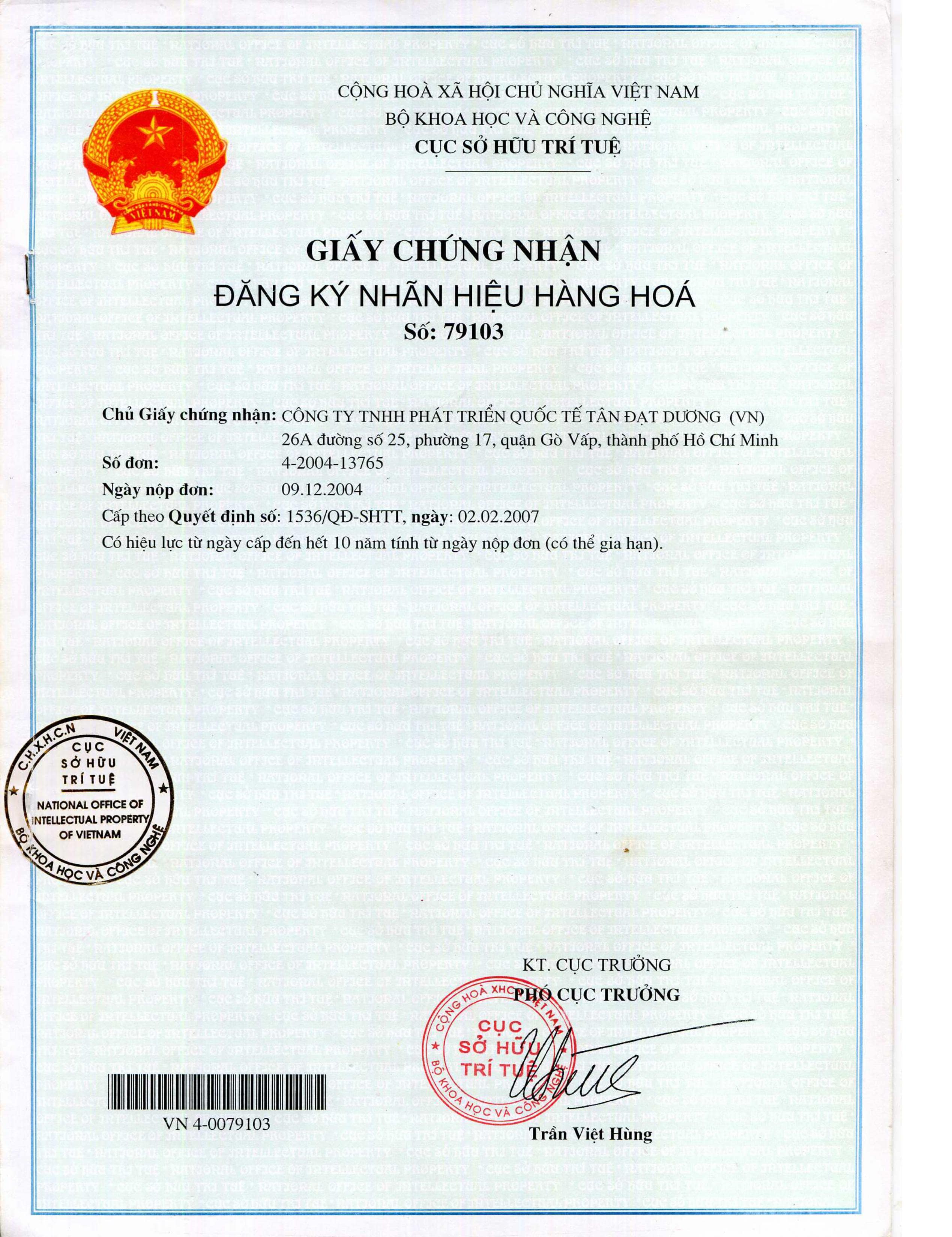 GCN đăng ký nhãn hiệu tam giác 79103